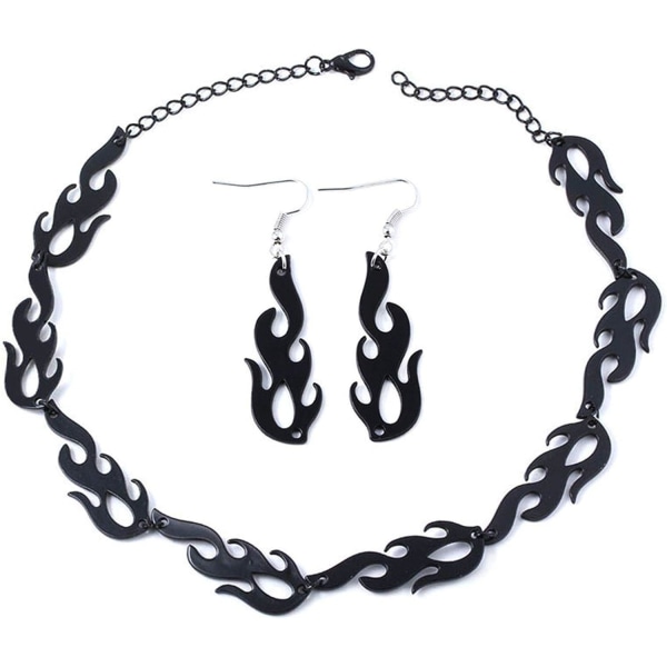 Flame Choker Halsband Örhänge Set Streetwear Hip Hop Punk Stil Guld B