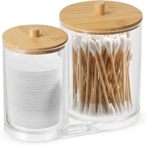2 bomullspinneholdere, laget av plastmateriale, med trelokk, du