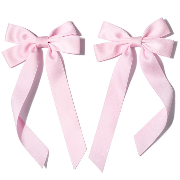 2PCS Silky Satin Hair Bows Pink Hair Ribbon Clips for women Ponytail H