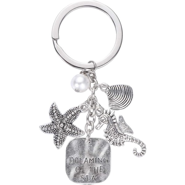 Seashell Pendant Keychain med Pearl Seahorse Star Engraved Dreaming of The Sea Letters Charms