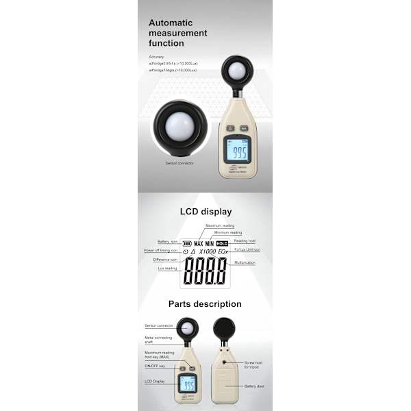 Illuminansmätare, Handhållen Bärbar Luxmätare, Digital Display Illuminometer med Linslock för Belysningsmätning