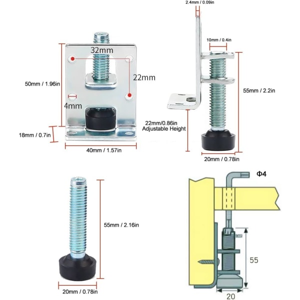 8 ställbara möbelfötter för skåp, tunga justerbara fötter
