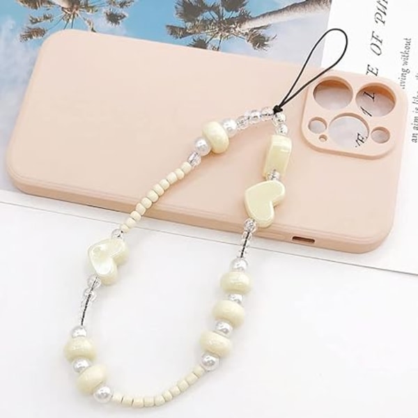 Mobiltelefonkjede Rem Perlehjerteperler Telefondeksel Sjarmarmbånd Perle Mobiltelefon Lanyard Håndleddsrem Anti-Tapt Telefonstreng Dekor Beige 15cm