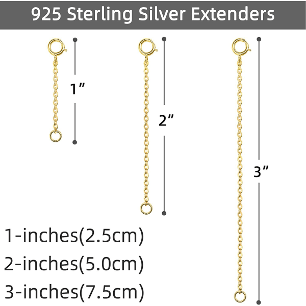 Forlængerkæde til halskæde i forgyldt sølv, 3 stk. (1, 2 og 3 tommer)