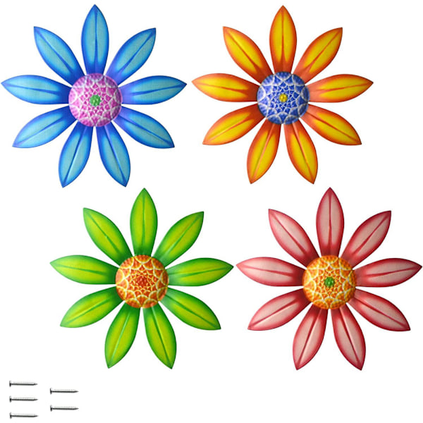 4-pack metallblommor väggdekor färgglad blomväggkonst 6,5\" metallblommig väggdekor inomhus utomhus hängande väggdekor metallväggdekor set