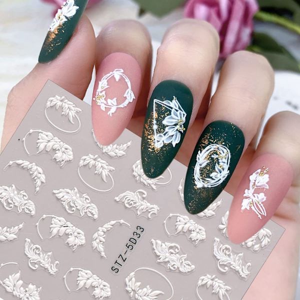 Prägling Fjäril Nagelkonst Dekaler 5D Självhäftande Design Nagelkonst Tillbehör Utsökt Lyxig Blomma Blad Spetsmönster  (6 ark)