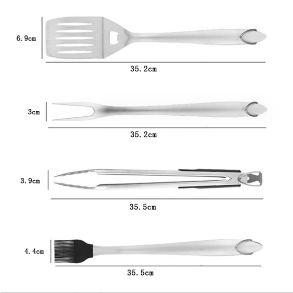 Grillverktøysett, firedelt grillsett, grilltilbehør, med slikkepott, gaffel, børste og grilltang