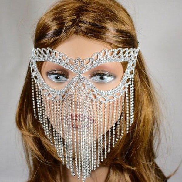 Lyxig-kristall slöja mask strass tofs cat eye mask magdans