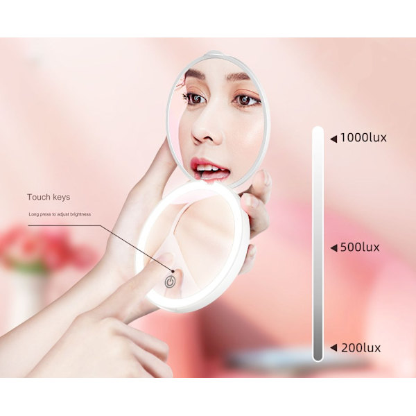 1 stk. LED-belyst rejsemakeup spejl, 1x/2x forstørrelse - dagslys