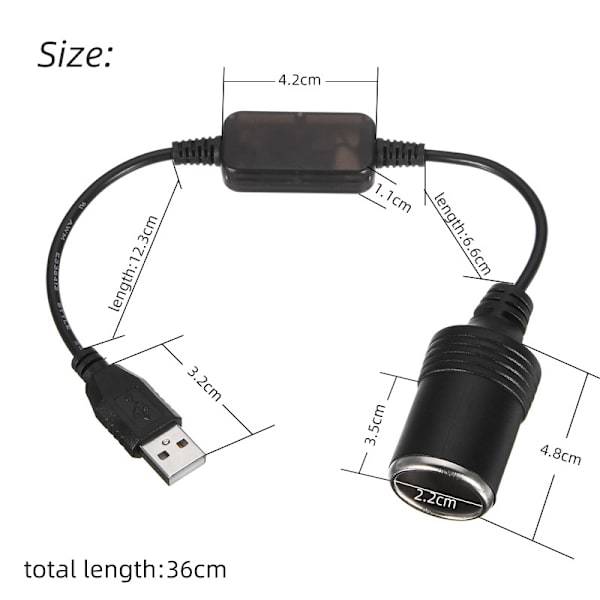 Cigarette Lighter Adapter Converter, USB-port til 12V Cigarette Lighter Socket Converter Adapter Kabel