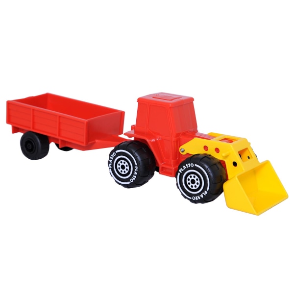 Punainen traktori etukuormaajalla ja perävaunulla, 33 cm - Plast