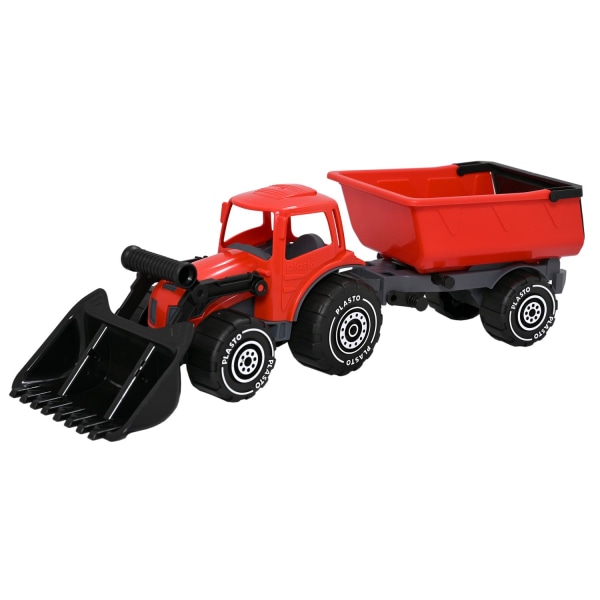 Rød traktor med frontlæsser og trailer, 56 cm - Plasto