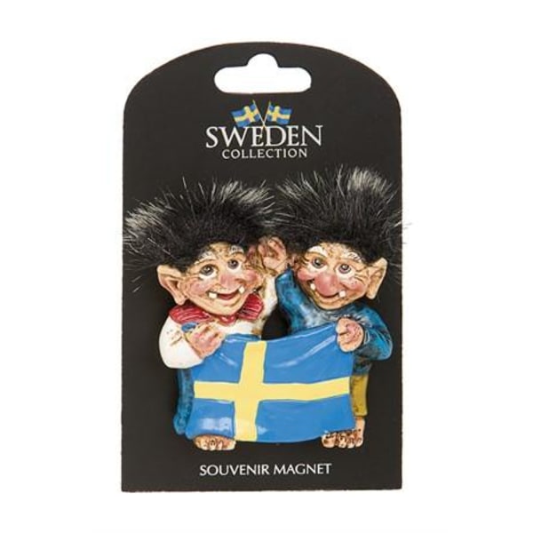 Sverige Souvenir Magnet två Troll med Flagga