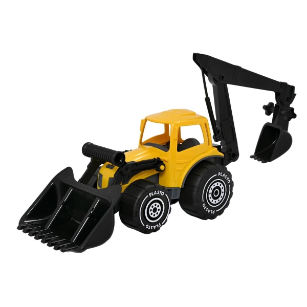 Gul traktor med frontlæsser og gravemaskine, 70 cm - Plasto