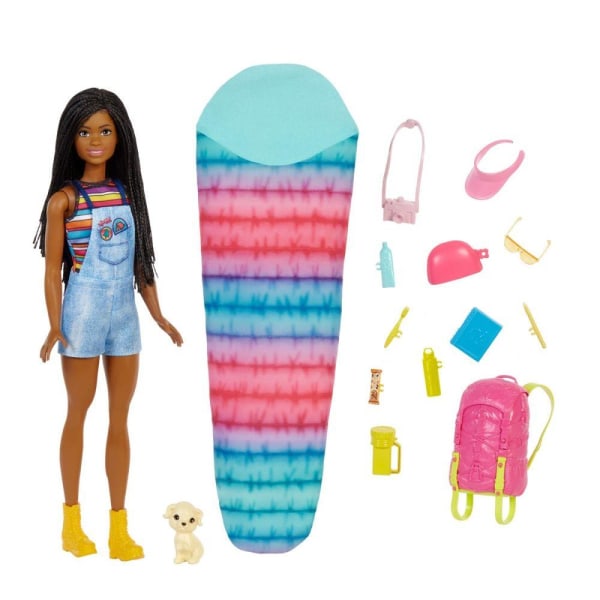 Tummakarvainen Barbie Camping-nukke lisävarusteineen
