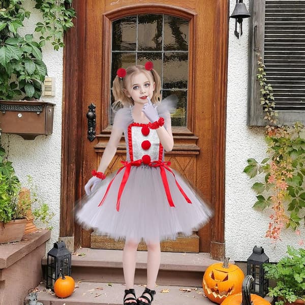 Pennywise Clown Halloweenkostym för flickor, Läskig Klänning Cosplay, Storlek Medium M