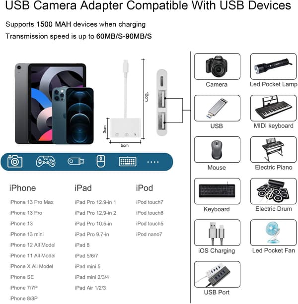 iPhone USB-kamera, 3-in-1 iPhone USB-sovitin Lighting USB OTG Fe