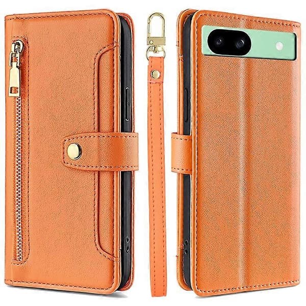 Kompatibel med Google Pixel 8a telefonfodral PU-läder skyddsfodral med dragkedjeplånbok Orange