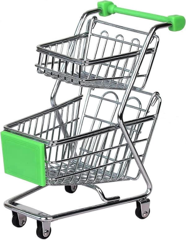Mini indkøbsvogn, Mini supermarked indkøbsvogn, Metal dobbeltlags vognlegetøj, Desktop opbevaring indkøbsvogn model dekoration (Grøn legetøjsindkøbsvogn)
