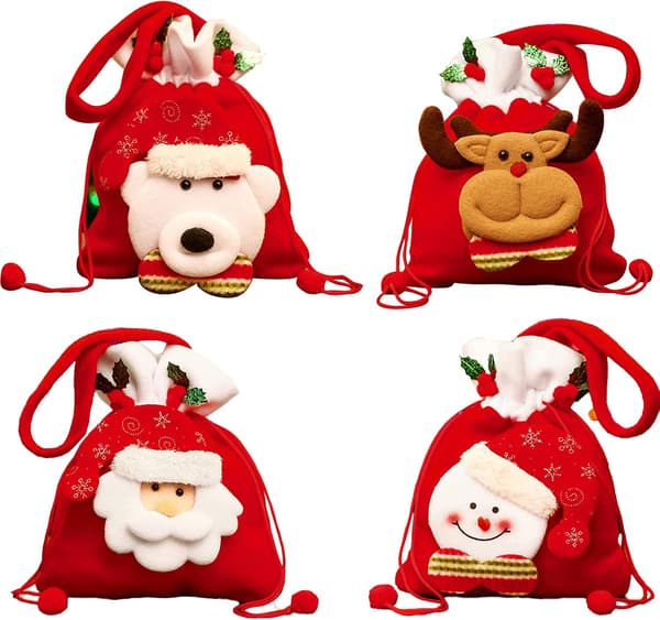 Julklappspåse med snöre, 4-pack, julmotiv i 3D, tyg, A