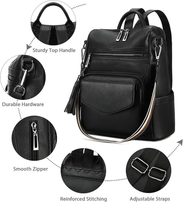 Ryggsäcksväska för Kvinnor Läder Stöldskydd Mode Designer Reseryggsäck Dam Axelväskor Med Armband black