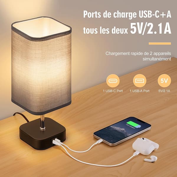 Touch Nattbordslampe Sett med 2 - 3 Intensitet Bordlamper med USB C+A Ladeport, Moderne Soveromslampe