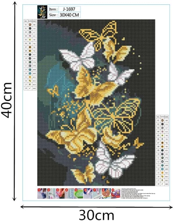 30x40cm, Guldfärgad fjäril 5d diamantmålning strassbroderi duk