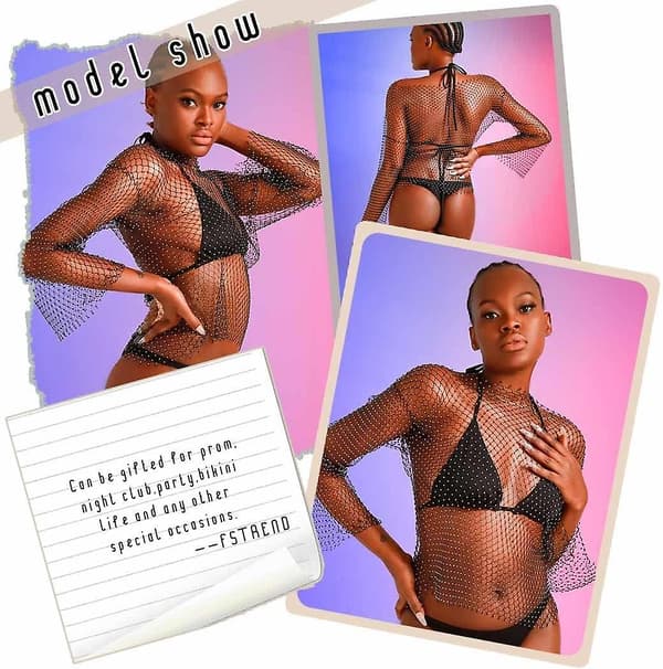 Dame Mesh Body Chains Rhinestone Langærmet Gennemsigtige Toppe—ls