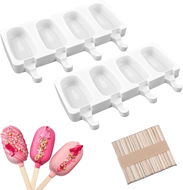 2-pak Mini Popsicle Silikoneforme – 4-hullers ovale Popsicle-forme med 50 træpinde – Til hjemmelavet is, cake pops og kagepinde