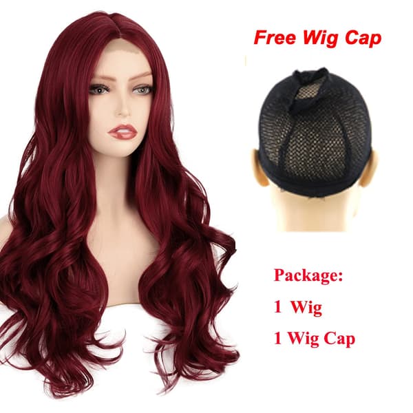 Lång vinröd peruk för kvinnor med hög temperatur och tråd