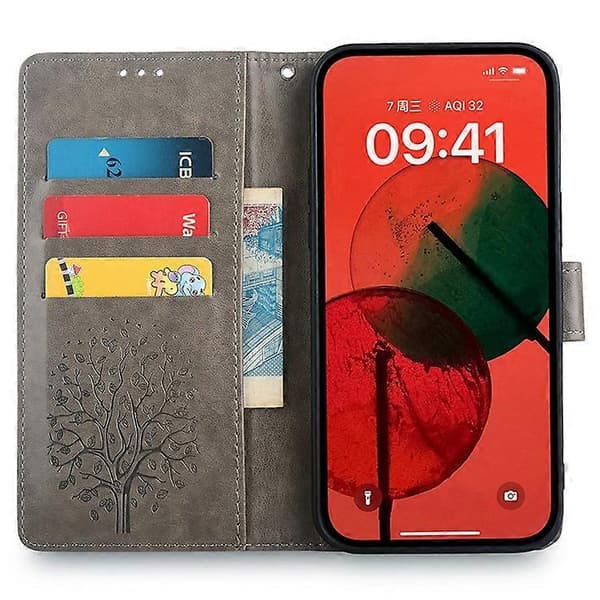 Kompatibel med Google Pixel 8a etui med præget mønster i PU-læder, pung og stativ til smartphone Grey