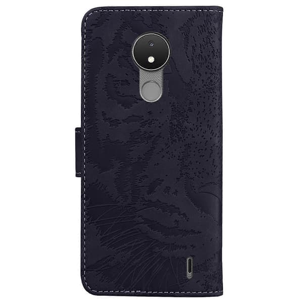 For Nokia C21 Tiger Embossing Pattern Horisontal Flip Lærtelefonveske Black