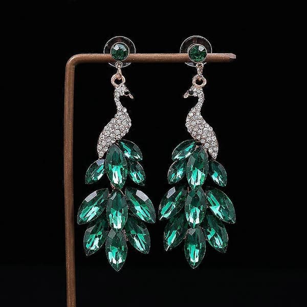 Plated Green Crystal Feather Peacock Statement Dangle øredobber Boho Overdrevne bursdagsmykkegaver—ls