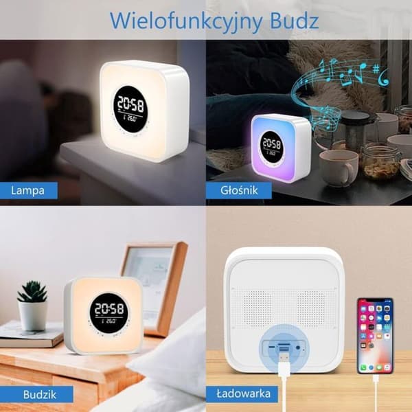 Monitoiminen herätyskello valolla, Bluetooth 5.0 -kaiutin, 10-värinen LED-lamppu, FM-radio, Monitoiminen sängyn vieruskello