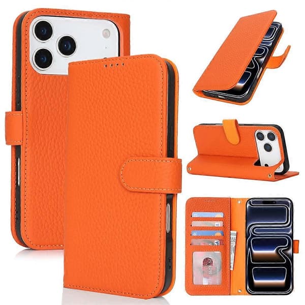 Kompatibelt för iPhone 17 Pro Ställfodral Litchi Textur Äkta Läder Plånbok Telefonfodral RFID Orange