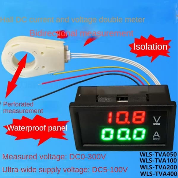 Hall Amperemeter Voltmeter DC 0-300V 100A Batterimonitor LED Digital Strøm Spenningsmåler 12V 24V 36V Black
