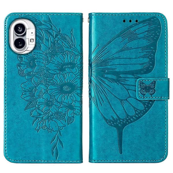 För Nothing Phone 1 präglat fjärilsläderfodral Blue