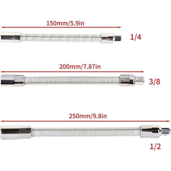 3-pack flexibla förlängare i rostfritt stål silver 1/4" 3/8" 1/2", spärrnyckel, flexibel axeladapter