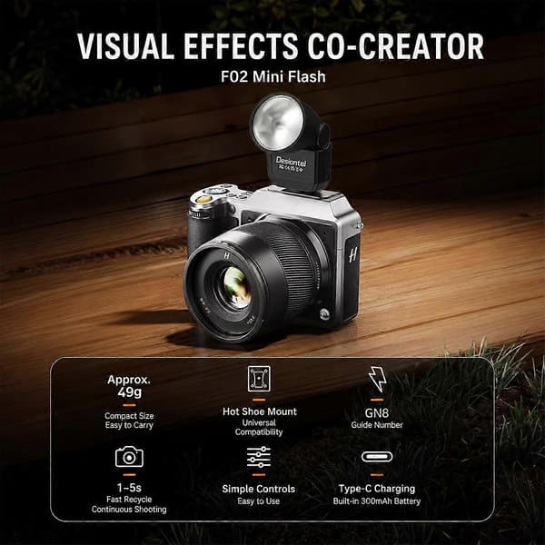 Desiontal F02 Mini On-Camera Blitzlys Speedlite til Spejlløse Kameraer Black