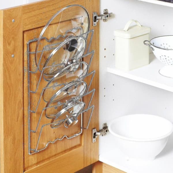 Opbevaringsstativ til 5 grydelåg – Dimensioner 43x28 cm – Robust metalkonstruktion – Nem installation med monteringssæt