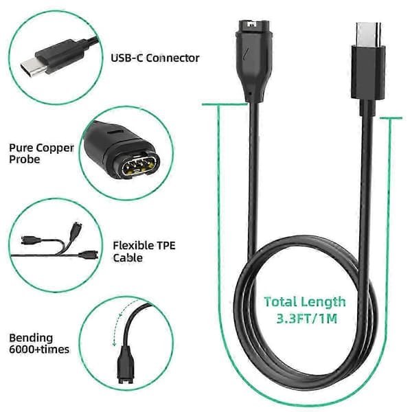 2 stk. USB-C opladerkabel til Garmin Fenix ur, datasynkronisering og opladning – ls