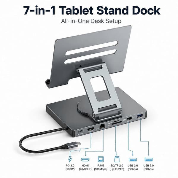Blueendless ST706A 7-i-1 4K 30Hz Multifunksjonell Dockingstasjon 360-graders Roterende Nettbrettholder Grey