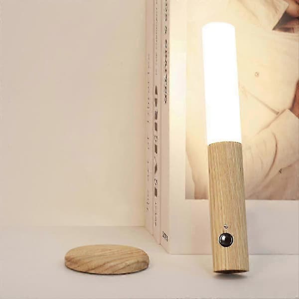 Bevægelsessensor Smart Baton LED-lys Lampe Trådløs Magnetisk Base USB Genopladelig White Ash Wood