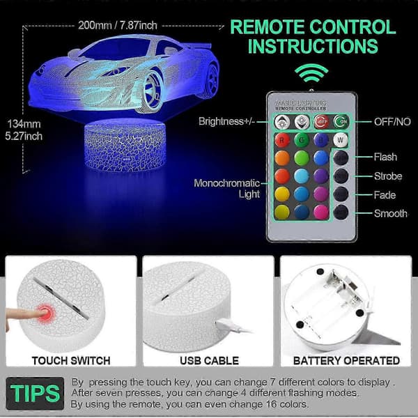 Bilgave til gutter, Racingbil 3D LED illusjonslampe, nattlys for gutter