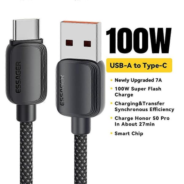 ESSAGER 3m A-C 7A 100W Snabbladdningsdatakabel USB-A till Type-C Flätad TPE-sladd - Svart[ls]