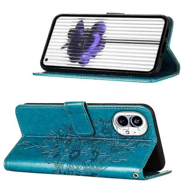 För Nothing Phone 1 präglat fjärilsläderfodral Blue