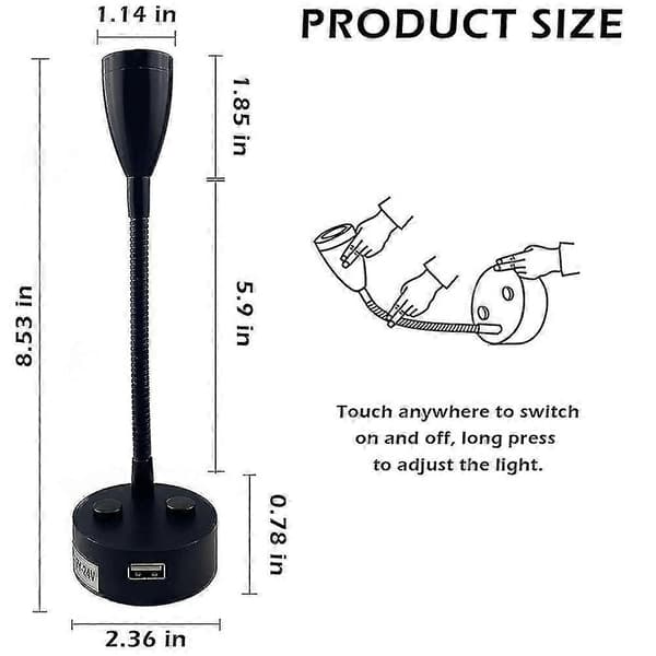 12v-24v LED Læselampe, Dæmpbar Læselampe til Autocamper med USB-oplader, til Autocamper, Lastbil, Trailer, RV Sengelampe, 2 stk-sort