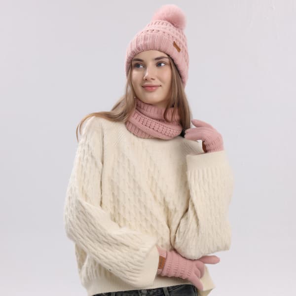 Stickad mössa, halsduk och handskar för höst/vinter, varm för vintern och utomhusaktiviteter - Rosa Pink