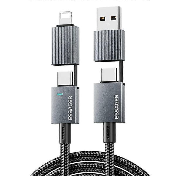 ESSAGER 0,25 m 4-i-1 USB-A / Type-C til Type-C / iP Flettet Datakabel PD 240W Hurtigopladningskabel MultiColor
