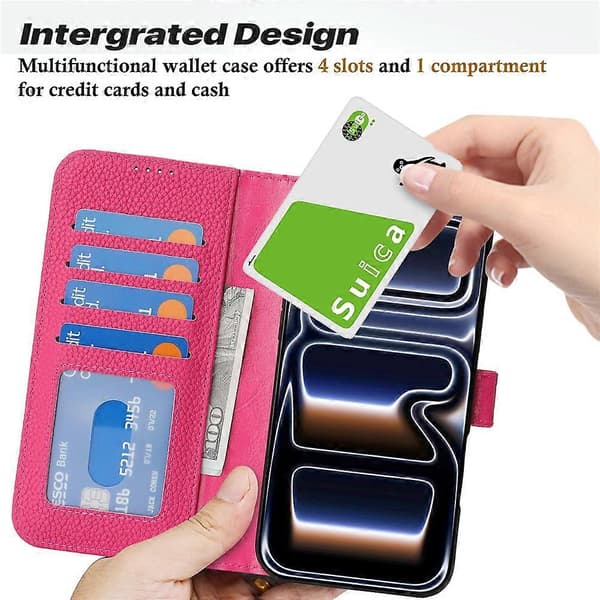 Kompatibelt för iPhone 17 Pro Ställfodral Litchi Textur Äkta Läder Plånbok Telefonfodral RFID Pink